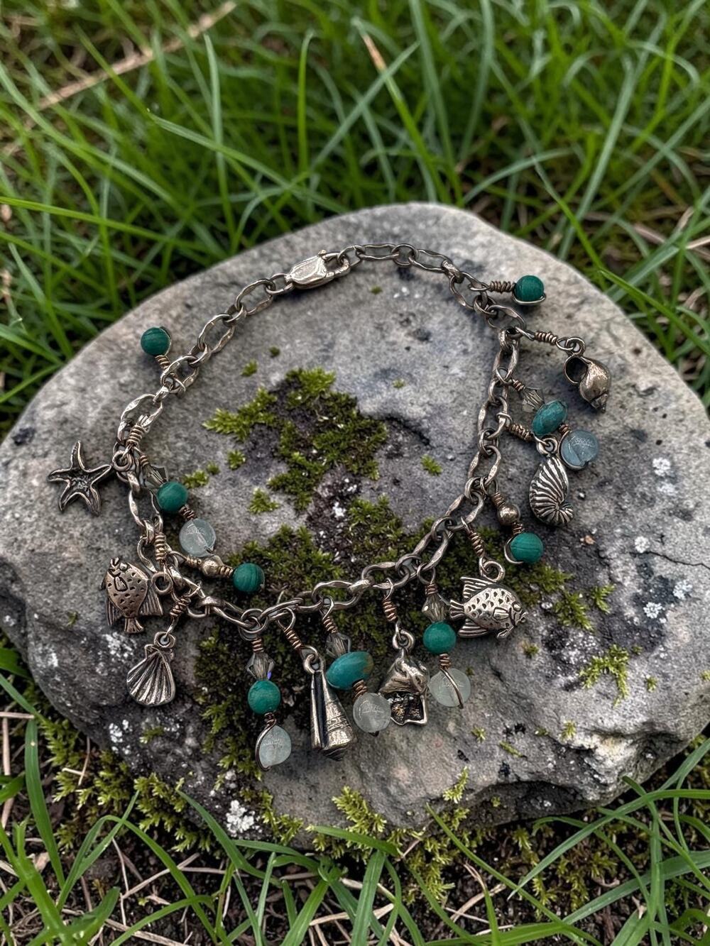 Vintage Sterling Silver Turquoise Quartz Sea Life Charm Bracelet Starfish Motifs - Picture 4 of 4